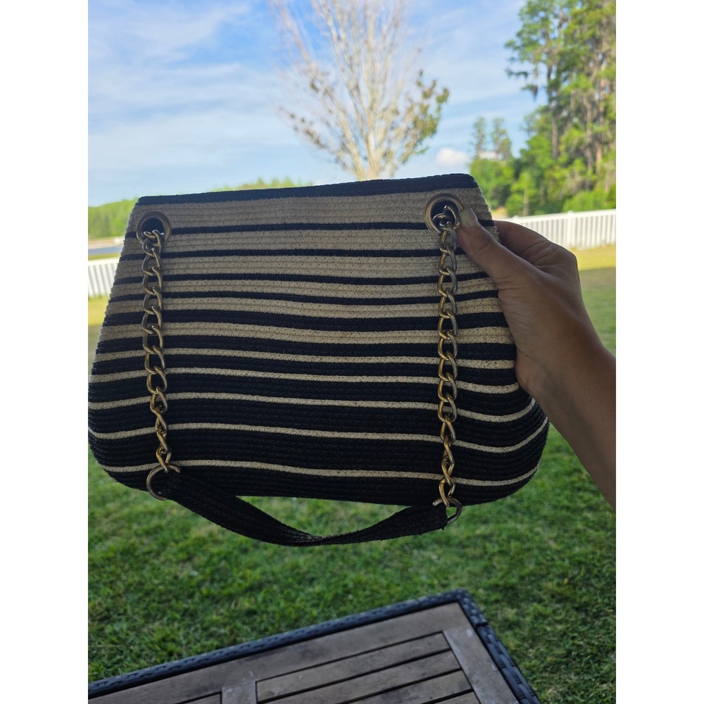 Cache Striped Woven Straw Shoulder Bag Black White‎ Gold Chain Nautical Summer